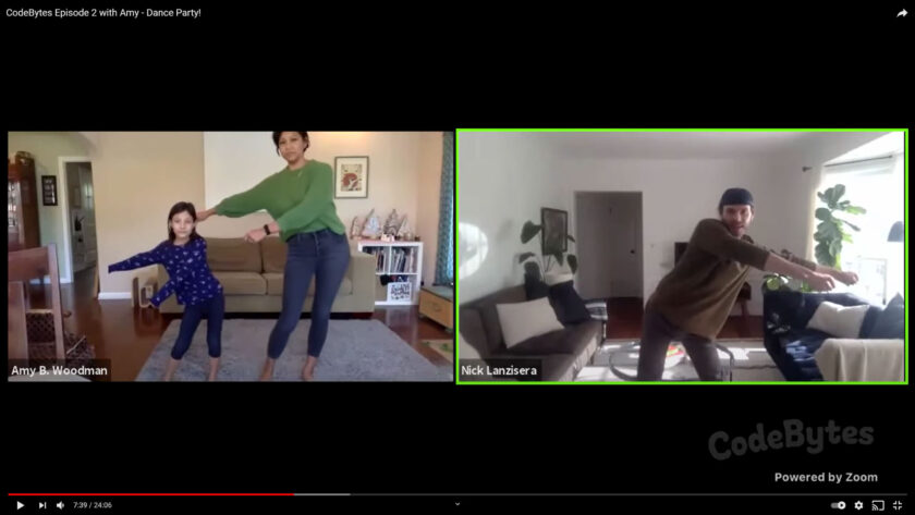 Screen shot with two images of a CodeBytes video lesson. On left Amy Woodman and a 9 year old elementary student are dancing with arms out to the left and on right Nick Lanzisera is dancing and reaching his arms out to