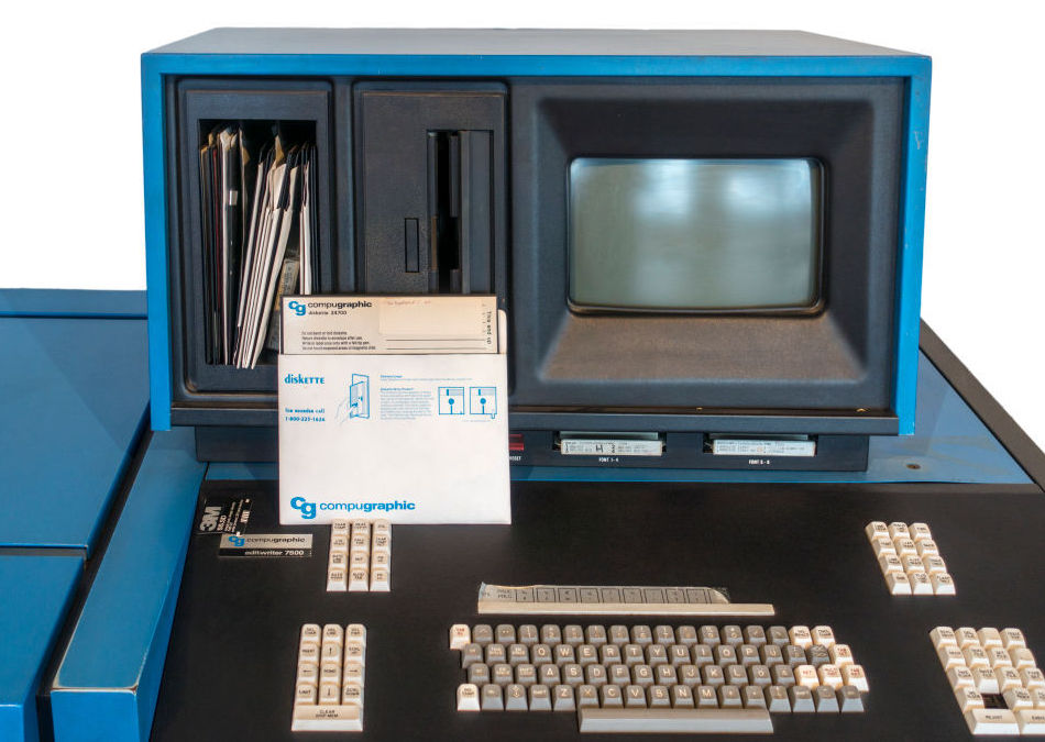 A 1977 Compugraphic EditWriter 7500 and 8-inch floppy disk.