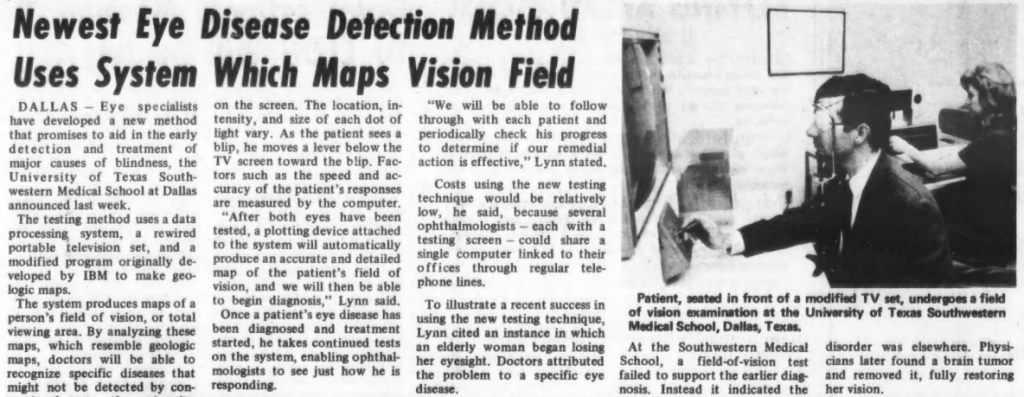 "Newest Eye Disease Detection Method Uses System Which Maps Vision Field" published in Computerworld Volume 3, Issue 27 on July 9, 1969