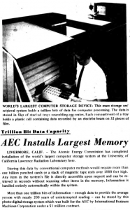 "AEC Installs Largest Memory" published in Computerworld Volume 1, Issue 12 on November 1, 1967