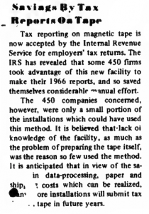 Screenshot of "Savings By Tax Reports on Tape" published in Computerworld Volume 1, Issue 5 on September 13, 1967