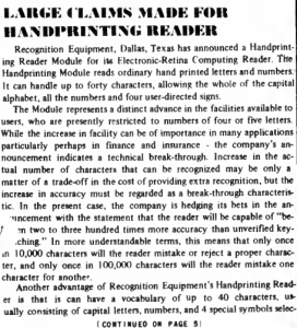 "Large claims made for handprinting reader" published in Computerworld Volume 1, Issue 9 on October 11, 1967