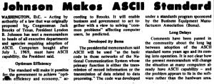 Screenshot of "Johnson Makes ASCII Standard" published in Computerworld Volume 2, Issue 13 on March 27, 1968