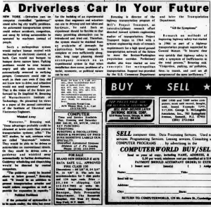 "A Driverless Car In Your Future" published in Computerworld Volume 2, Issue 14 on April 3, 1968