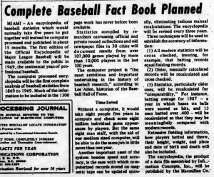 "Complete Baseball Fact Book Planned" published in Computerworld Volume 2, Issue 19 on May 8, 1968