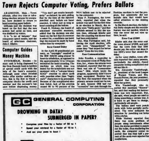 "Town Rejects Computer Voting, Prefers Ballots" published in Computerworld Volume 2, Issue 26 on June 26, 1968
