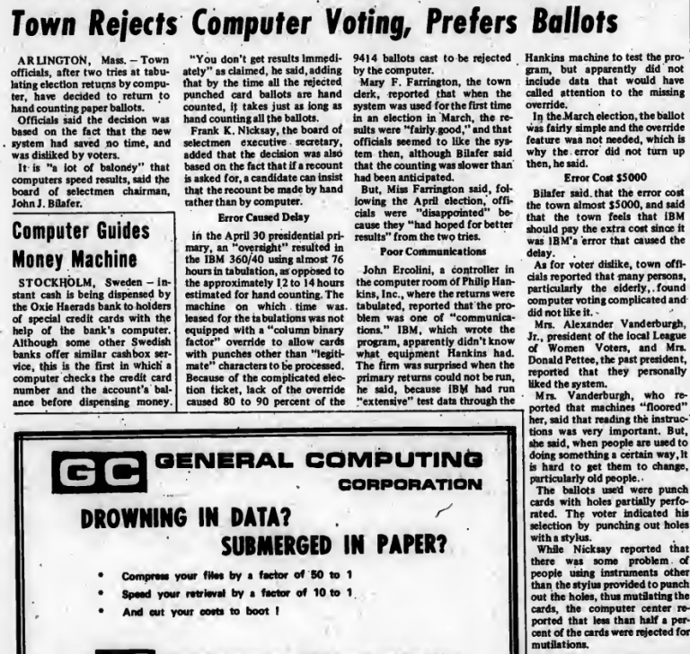 June 26, 1968 Town attempts punchcard ballots and computer tabulation