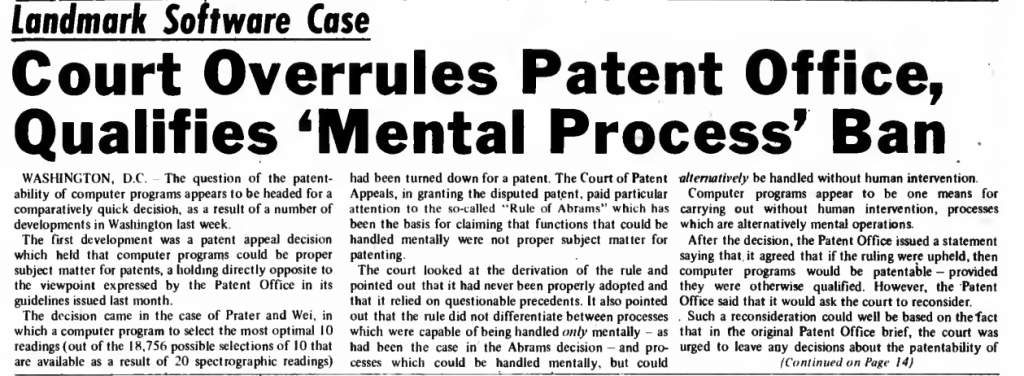 "Court Overrules Patent Office, Qualifies 'Mental Process' Ban" published in Computerworld Volume 2, Issue 49 on December 4,1968