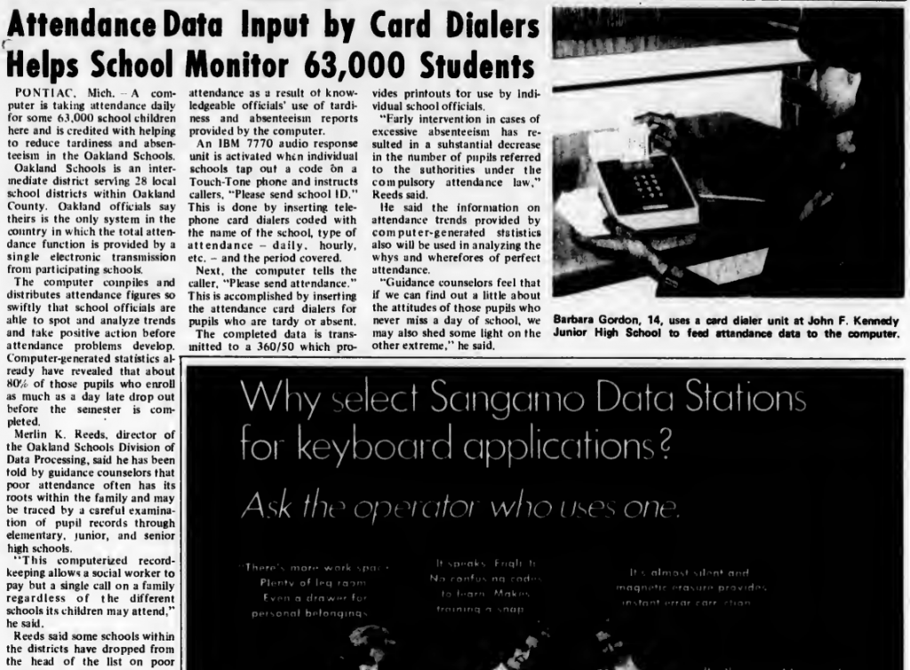 "Attendance Data Input by Card Dialers Helps School Monitor 63,000 Students" published in Computerworld Volume 3, Issue 13 on April 2, 1969