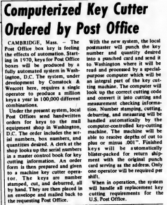 "Computerized Key Cutter Ordered by Post Office" published in Computerworld Volume 3, Issue 2 on January 15, 1969