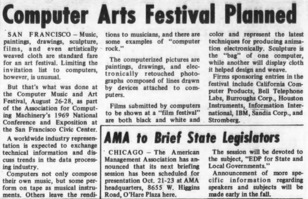 "Computer Arts Festival Planned" published in Computerworld Volume 3, Issue 27 on July 9, 1969