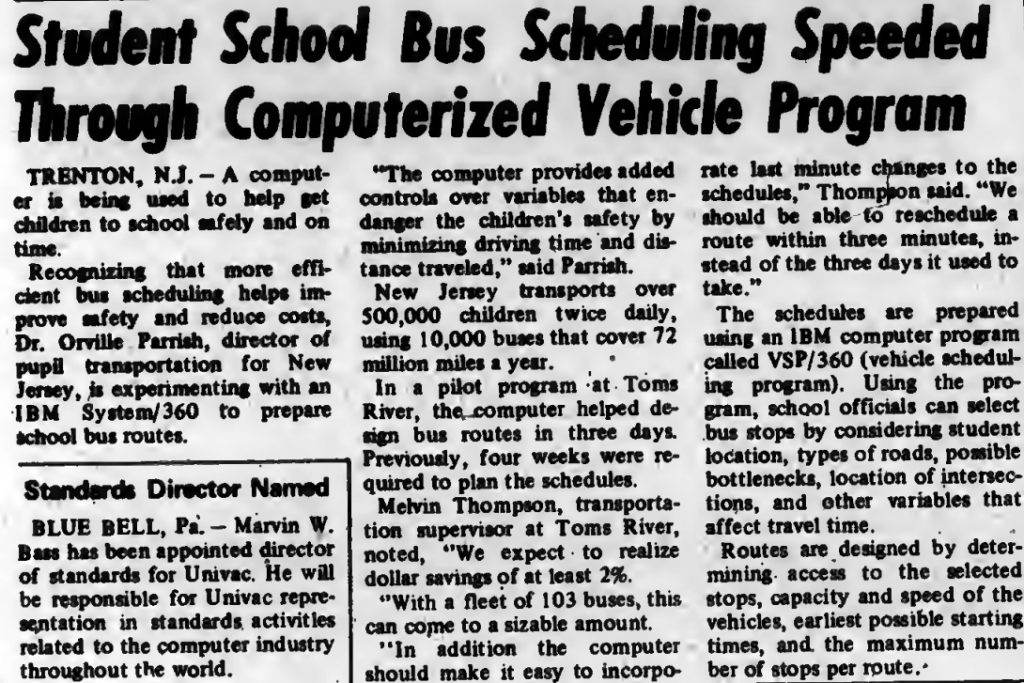 "Student School Bus Scheduling Speeded Through Computerized Vehicle Program" published in Computerworld Volume 3, Issue 37 on September 17, 1969