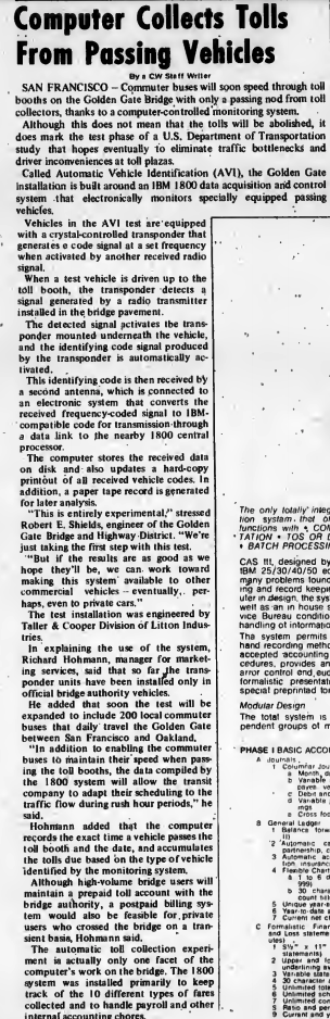 "Computer Collects Tolls From Passing Vehicles" published in Computerworld Volume 3, Issue 39 on October 1, 1969