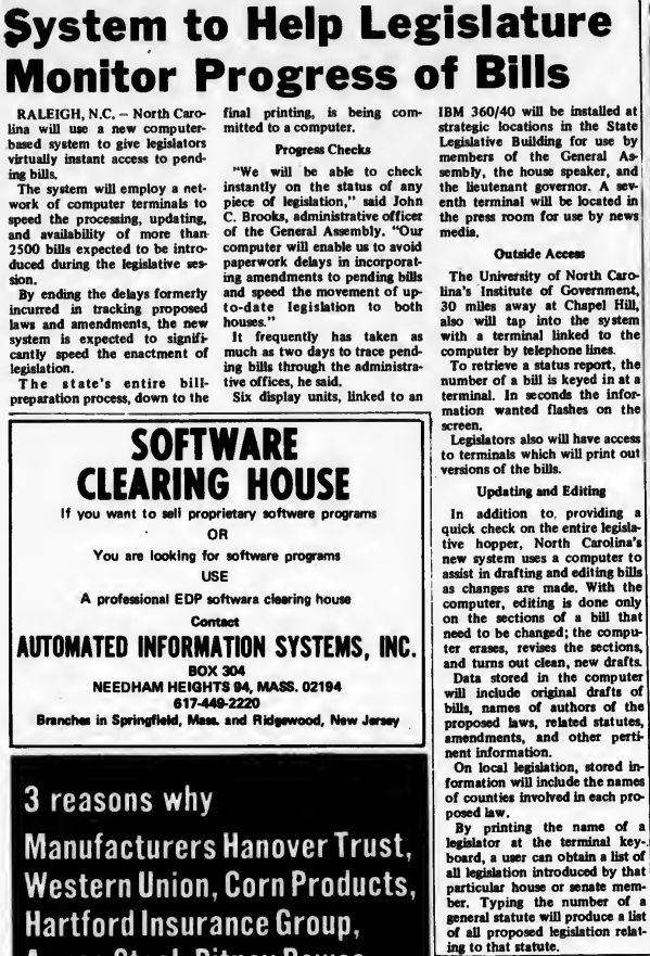 "System to Help Legislature Monitor Progress of Bills" published in Computerworld Volume 3, Issue 4 on January 29, 1969