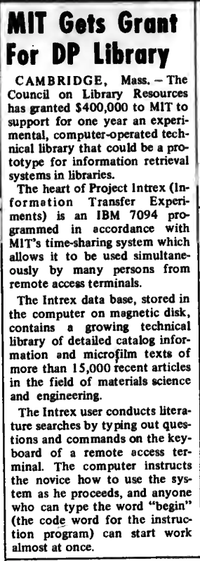 "MIT Gets Grant for DP Library" published in Computerworld Volume 6, Issue 3 on January 19, 1972