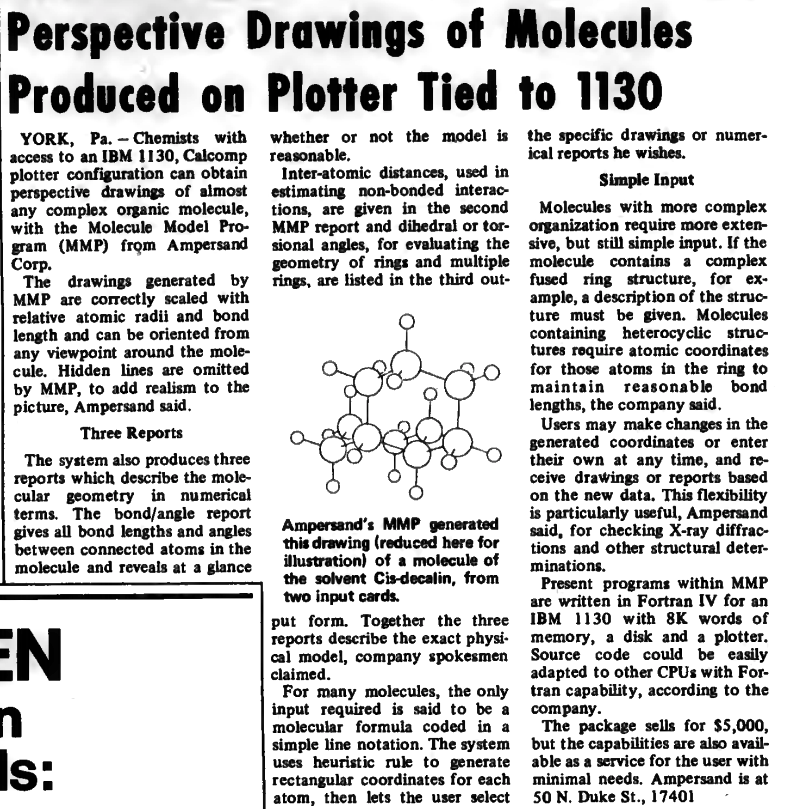 "Perspective Drawings of Molecules Produced on Plotter Tied to 1130" published in Computerworld Volume 6, Issue 5 on February 2, 1972