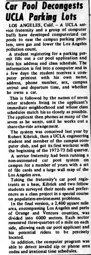 "Car Pool Decongests UCLA Parking Lots" published in Computerworld Volume 6, Issue 51 on December 20, 1972