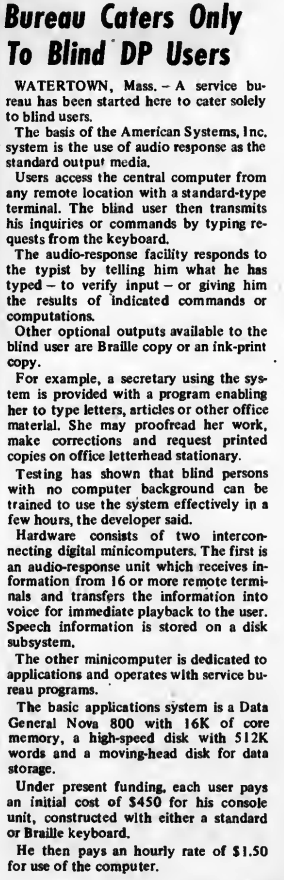 "Bureau Caters Only to Blind DP Users" published in Computerworld Volume 7, Issue 14 on April 4, 1973