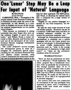 "One 'Lunar' Step May Be a Leap for Input of 'Natural' Language" published in Computerworld Volume 7, Issue 14 on April 4, 1973