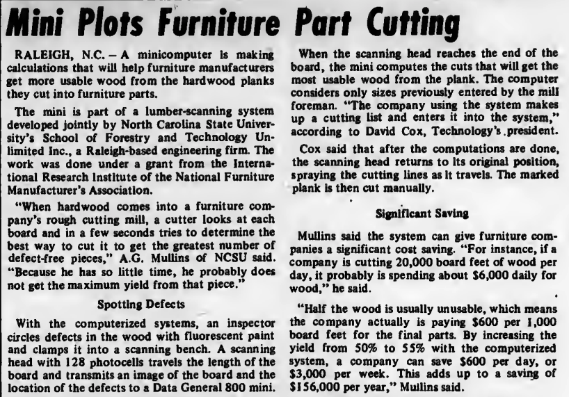 "Mini Plots Furniture Part Cutting" published in Computerworld Volume 7, Issue 4 on January 24, 1973