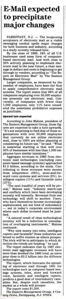 "E-Mail expected to precipitate major changes" published in Computerworld Volume 18, Issue 5 on January 30, 1984