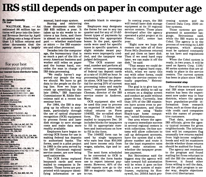 "IRS still depends on paper in computer age" published in Computerworld Volume 18, Issue 5 on January 30, 1984