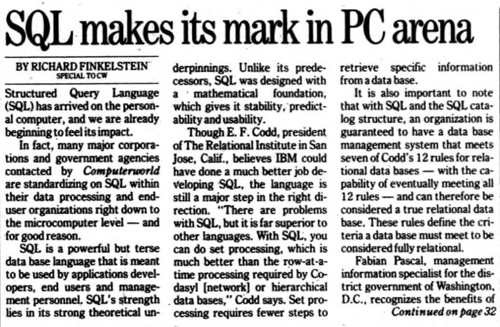 "SQL makes it mark in PC arena" published in Computerworld Volume 21, Issue 7 on February 16, 1987