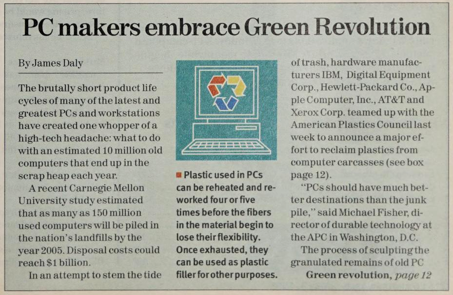 “PC makers embrace Green Revolution” published in Computerworld Volume 27, Issue 18 on May 3, 1993