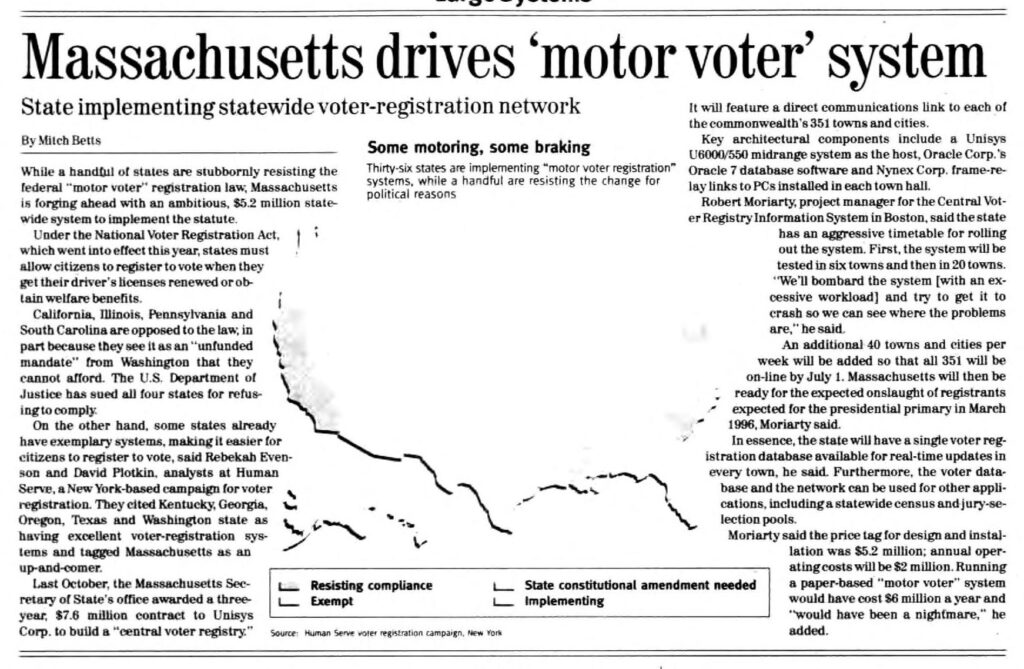 "Massachusetts drives 'motor voter' system" published in Computerworld Volume 29, Issue 8 on February 20, 1995