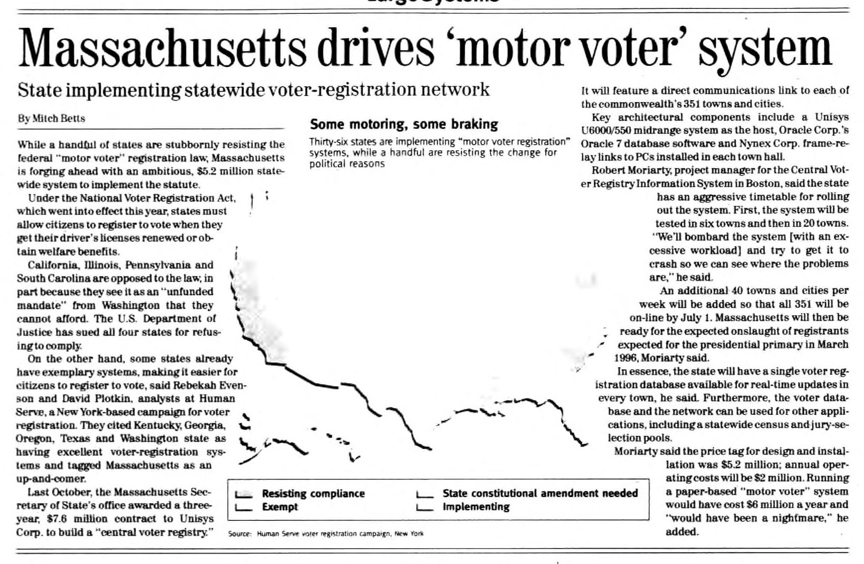 Feb. 20, 1995 Massachusetts builds 'motor voter' system Patrick J